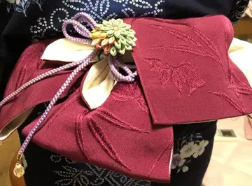 적자색 핑크색 대나무 금붕어 무늬 반폭 오비 리버서블