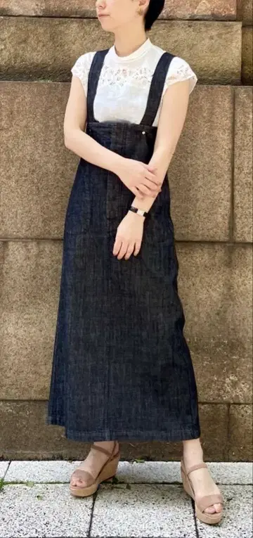 MACPHEE 오가닉 코튼 데님 하이웨스트 점퍼 스커트