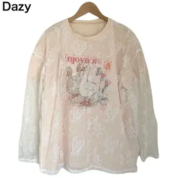 DAZY 레이스 애니멀 오리 티셔츠 여성용 프린트 긴팔 M