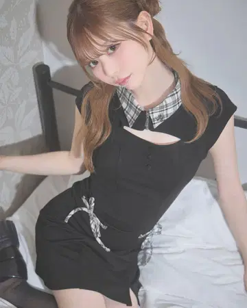 미셸 마카롱 체크 리본 미니 원피스 XS 블랙