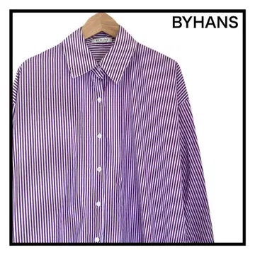 BYHANS 스트라이프 셔츠 롱 원피스 퍼플 긴팔 프리