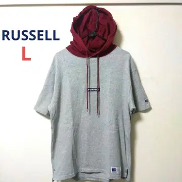 Russell 후드 티셔츠 후드티 L 그레이/보르도 하이 로우 헴