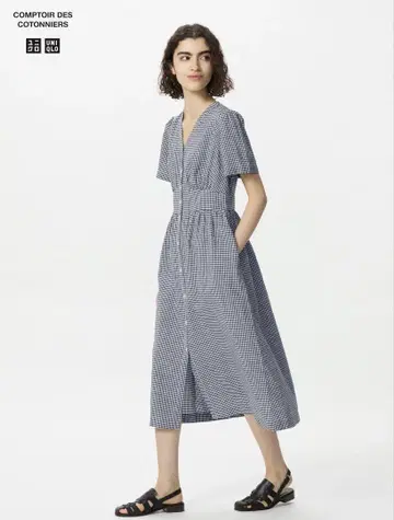 린넨 블렌드 V넥 원피스 반팔 유니클로