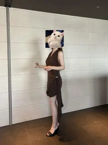 브라운 슬리브리스 드레이프 원피스