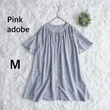핑크 아도베 반팔 블라우스 프론트 턱 스트라이프 월드 블루 M