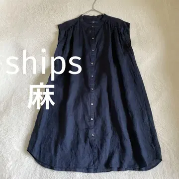 SHIPS 린넨 슬리브리스 셔츠 원피스 롱 셔츠 네이비