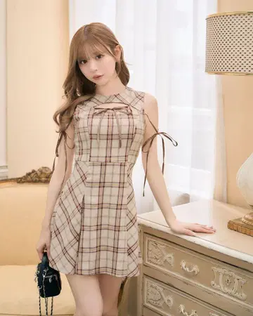 택 포함 미사용 새상품 미셸 마카롱 프론트 오픈 체크 미니 원피스