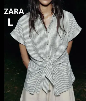 ZARA 자라 린넨 혼방 스트라이프 패턴 매듭 셔츠