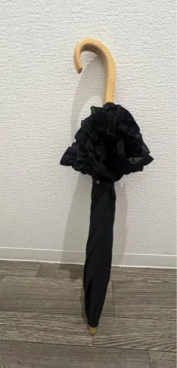 선배리어 양산 2단 접이식 프릴 블랙 나무 손잡이