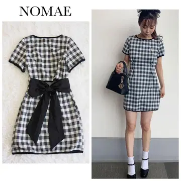 새상품급 NOMAE 백 오픈 리본 미니 원피스 브로치 포함 체크