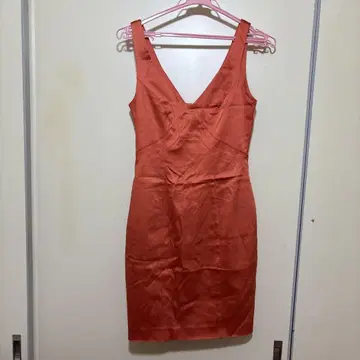오렌지 V넥 타이트 미니 드레스