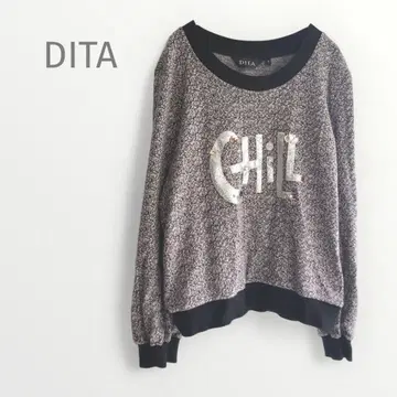 DITA [S] 긴팔 니트 브라운 그레이 멜란지 비즈 아플리케 개성적