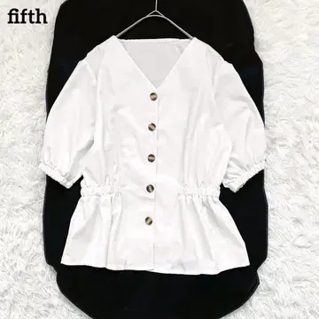 [피프스] 프론트 버튼 허리 마크 블라우스 (F) 스트레치 V넥 화이트
