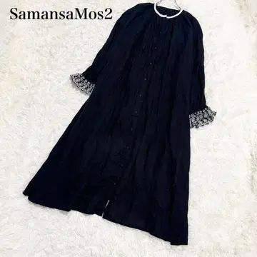 최근 모델 kazumi x Samansa Mos2 소매 자수 린넨 원피스