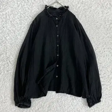 네스트로브 긴팔 셔츠 린넨 프릴 옷깃 핀턱 세탁 가능 블랙 검정