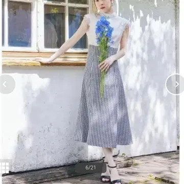 스윙 레이스 슬리브 깅엄 도킹 원피스