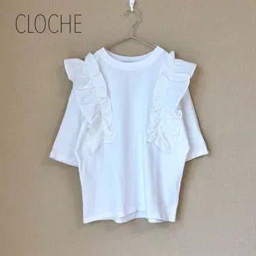 CLOCHE 프릴 티셔츠 티셔츠 화이트 반팔 어깨 프릴
