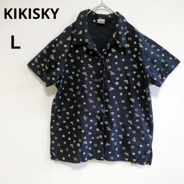 KIKISKY 린넨 반팔 셔츠 면마 혼방 L 사이즈 네이비 미니 꽃무늬