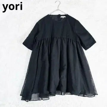 509 yori 오간자 블라우스 블랙 튤 반팔 싸개 버튼