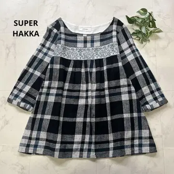새상품급 SUPER HAKKA 코튼 린넨 튜닉 블라우스 체크 무늬