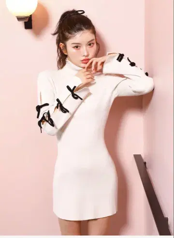 darich 암 리본 리브 니트 미니 원피스