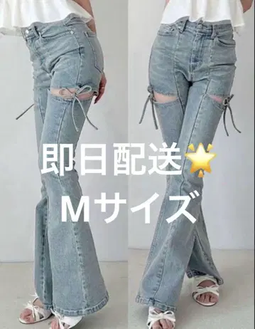 RESEXXY 컷 아웃 리본 데님 팬츠 라이트 블루 M 사이즈