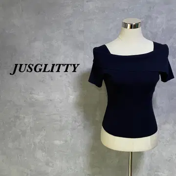 JUSGLITTY 니트 오프숄더 비대칭 절개 네이비 M 4022