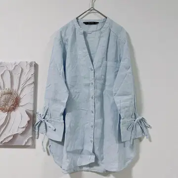 자라 ZARA BASIC 린넨 긴팔 버튼 셔츠 소매 리본 라이트 블루 M