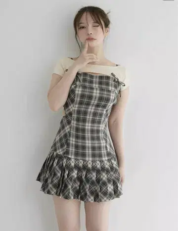 앤드메리 캐런 체크 미니 드레스 베이지 S