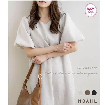NOAHL 볼륨 소매 MIX 린넨 느낌 원피스 브라운