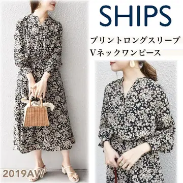 SHIPS 쉽스 [한정판] 프린트 롱 슬리브 V 넥 원피스 꽃무늬