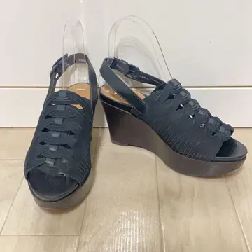 ing 뜨개질 웨지 샌들 블랙 천연 가죽 23.5cm