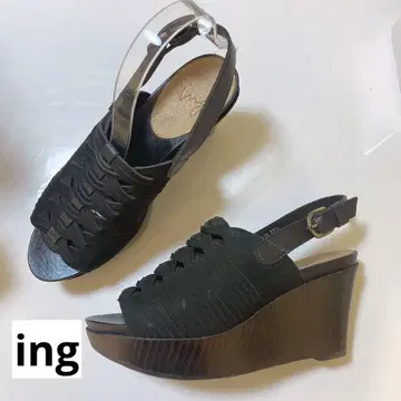 ing 뜨개질 웨지 샌들 블랙 천연 가죽 23.5cm