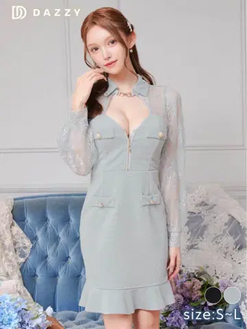 데이지 스토어 비쥬 칼라 부착 지퍼 도킹 시어 긴팔 머메이드 미니 드레스