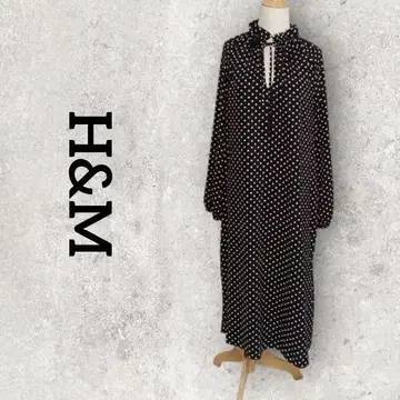 H&M 도트 무늬 롱 원피스 스탠드 카라 원피스 (EUR40) 블랙