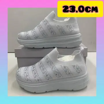 23.0cm 여성용 새상품 통굽 스톤 장식 슬립온 스니커즈 화이트