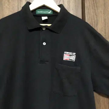 90s USA제 CHAMPION 로고 피케 셔츠 L 블랙 플러그 레이스