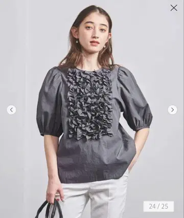 UNITED ARROWS 프릴 퍼프 슬리브 반팔 블라우스 그레이
