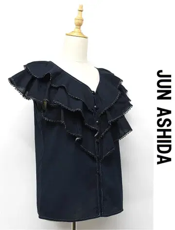 T273/JUN ASHIDA 슬리브리스 블라우스 프릴 V넥 네이비 나염