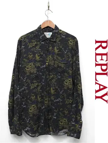 T274/REPLAY 긴팔 셔츠 꽃무늬 린넨 레이온 M 다크 네이비 그린