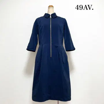 49AV. 준코 시마다 무릎 기장 지퍼 원피스 네이비 7부 소매 고급