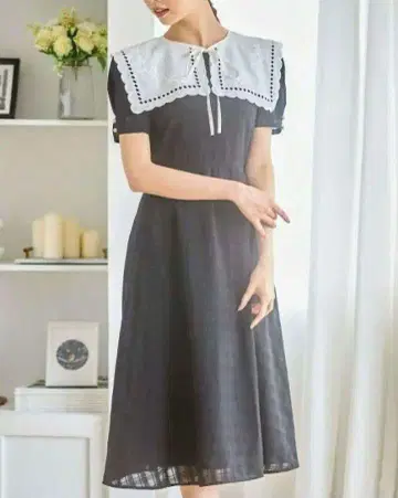 새상품 토코 2WAY 자수 빅 칼라 백 레이스업 시어 체크 원피스