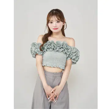 다리치 깅엄 체크 오프 숄더 상의 민트 그린 프릴