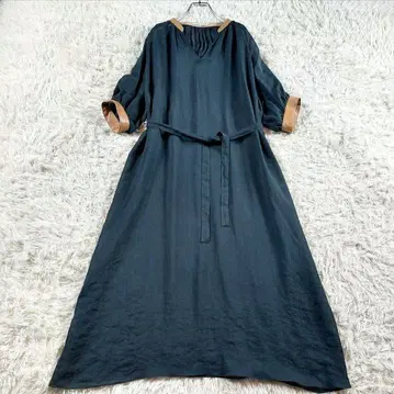 현재 BEIGE. 4.7만 린넨 가죽 개더 벨트 롱 원피스 4