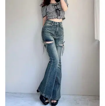 RESEXXY 컷 아웃 리본 데님 팬츠 블루