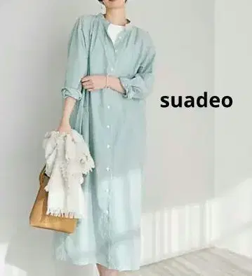 suadeo 코튼 스트라이프 밴드 카라 원피스