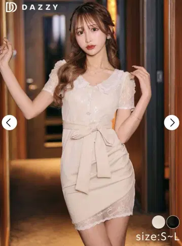 스캘럽 레이스 카라 부착 리본 벨트 모티브 반팔 타이트 미니 드레스