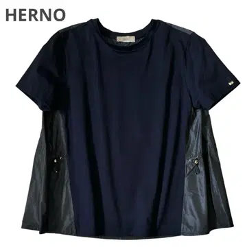 HERNO 헤르노 이종 소재 절개 A 라인 티셔츠 네이비 골드 금장 장식