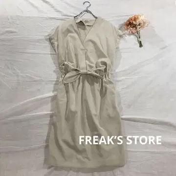 프릭스스토어 반팔 허리 리본 원피스 I 라인 V 넥 베이지 S