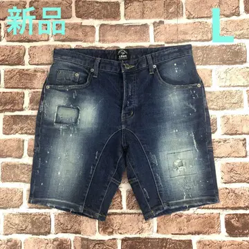 LIBERTY WALK 하프 팬츠 데님 블루 데미지 페인트